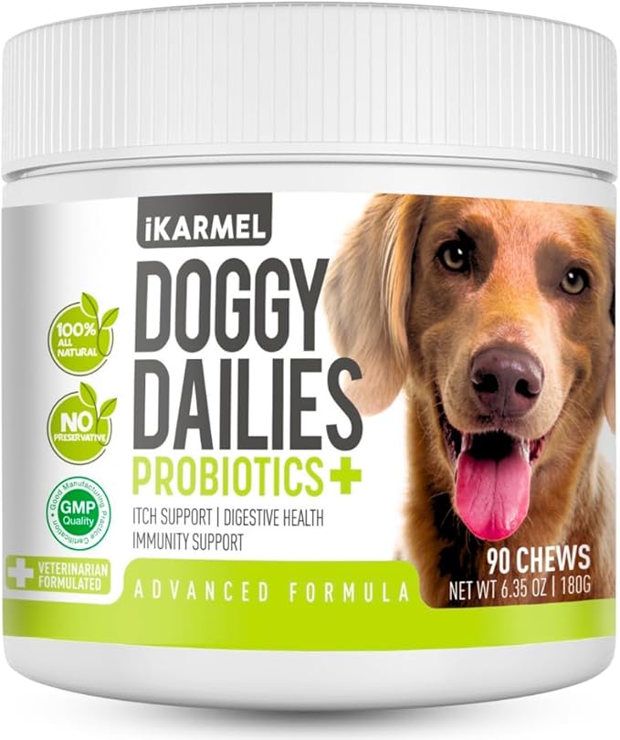 iKARMEL Doggy Dailies Probiotics for Dogs | Canine Supplements for Digestive and Immunity Support | Skin Health and Itch Relief | Vitamin Treats for Dogs | Probiotic (90 Chews)