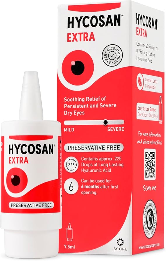 Hycosan Extra Eye Drops with Hyaluronic Acid for Soothing Relief of Severe and Persistent Dry Eyes - Contact Lens Compatible - Preservative Free - 225 Measured Doses