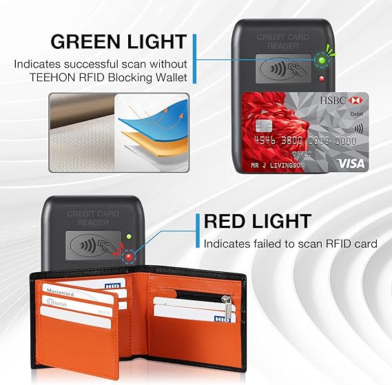 TEEHON Wallets for Men UK with RFID Blocking Slim Wallet with Coin Pocke, 11 Card Slots, 2 Note Pockets, ID Window & Gift Box - Black & Orange