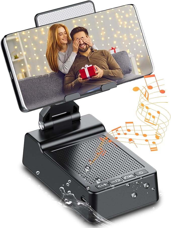 taopodo Multifunctional Cell Phone Stand with Wireless Bluetooth Speaker and Anti-Slip Base, HD Stereo Compatible with Multiple Devices, Tech Gadgets Gifts for Men/Women/Parents/Child (Black)