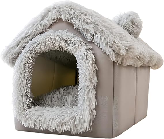 SEOUGEE Dog House, Warm and Cozy Cat Cave Bed Indoor with Removable Cushion, 3 In 1 Washable Plush dog Igloo, Foldable Non-Slip Kennel for Pets Puppy Kitten Rabbit
