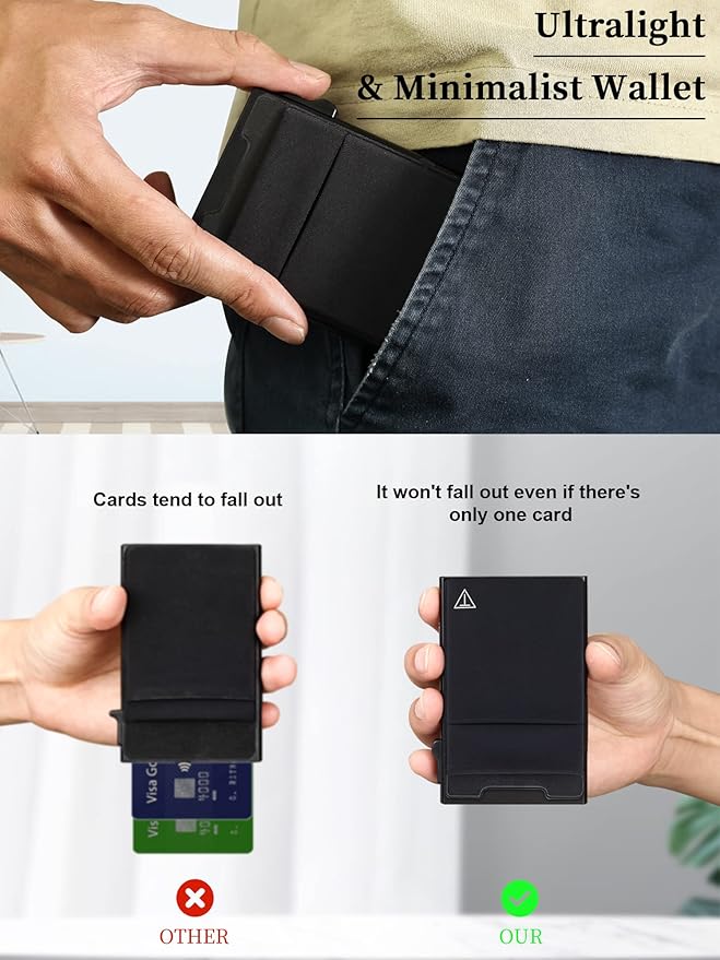 TOYFID Slim RFID Blocking Wallets,Pop Up Minimalist Card Holder for Men & Women Metal Thin Front Pocket Wallet Credit Card Holder with Elastic Coin Pocket,6-12 Card Capacity,Black