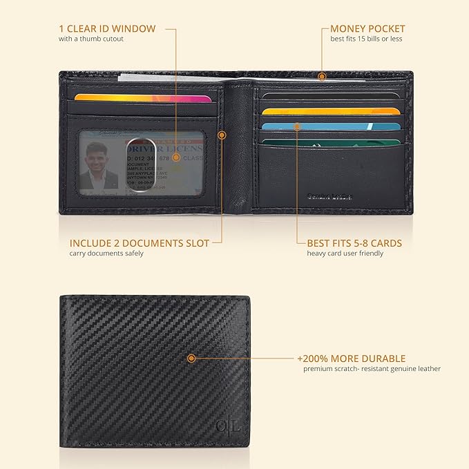Real Slim Leather Wallet for Men - RFID Blocking Bifold Thin Wallets Credit Card Front Pocket Minimalist Billfold