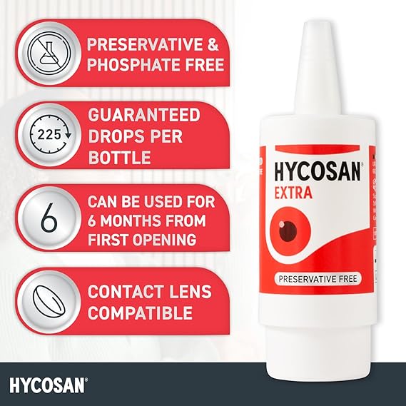 Hycosan Extra Eye Drops with Hyaluronic Acid for Soothing Relief of Severe and Persistent Dry Eyes - Contact Lens Compatible - Preservative Free - 225 Measured Doses