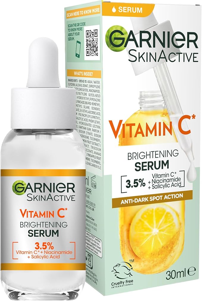 Garnier SkinActive Vitamin C Brightening Serum for Face, with Vitaminc C, Niacinamide & Salicylic Acid, Brightens Skin, Reduces Dark Spots & Evens Skin Tone, Serum 30ml