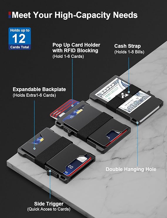 Mens Wallet Credit Card Holder, Wallets for Men, Aluminum Minimalist Metal Pop Up Wallet withBackplate, RFID Blocking,
