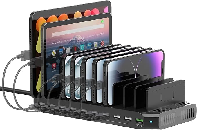SUIDEK Multi USB Charging Station for Multiple Devices, 60W 10 Ports Multi Charger Station Organizer with QC3.0 Port & Adjustable Dividers Compatible with Tablets, Smartphones, and Other Electronics