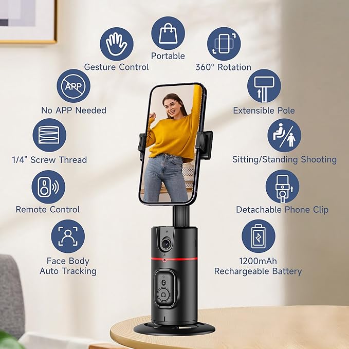 Auto Face Tracking Tripod, No App, Smart Shooting Phone Holder with Remote, 360° Rotation Body Phone Camera Mount with Phone Holder Body Smart Tracking Tripod for Vlog/TIK Tok