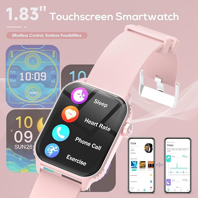 TRAUSI Smart Watches for Women Men, 1.83 inches HD Smartwatch with 120 Sports Modes, Heart Rate/Sleep Monitor, IP67 Waterproof, Bluetooth Call & Music Control for iPhone/Android (Pink)