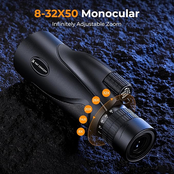 K&F CONCEPT 8-32X50 Zoom Monocular with Cell Phone Holder, Monocular for Adults -BAK4 Prism and FMC Lens - IP66 Waterproof - Great for Birdwatching, Hiking, Hunting, Camping, Traveling, Black