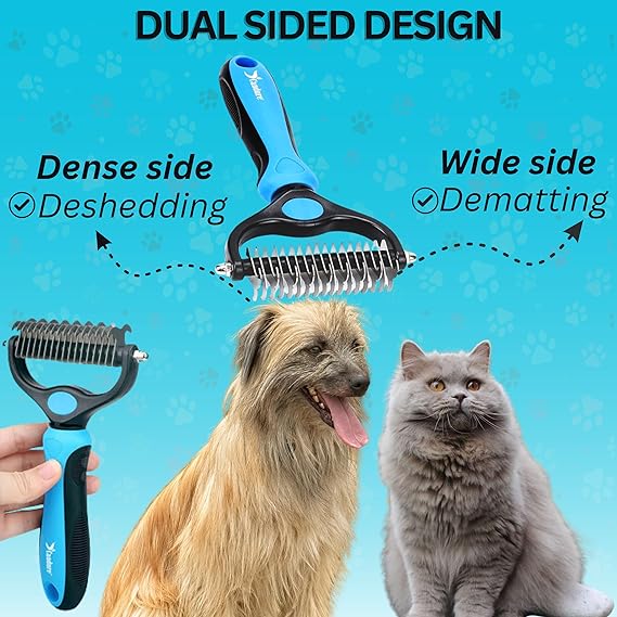 Candure Dematting Comb for Dog and Cat, Pet Grooming Rake and Brushes for Small, Medium & Large Dogs 17+9 Double Sided Deshedding Tool Removes Knots and Tangled Hair (Blue)