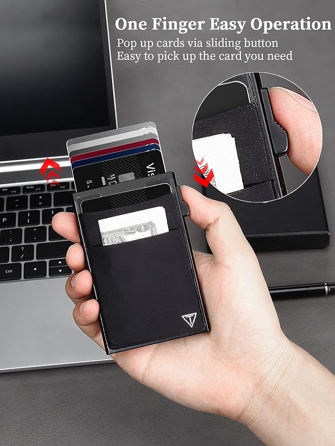 TOYFID Slim RFID Blocking Wallets,Pop Up Minimalist Card Holder for Men & Women Metal Thin Front Pocket Wallet Credit Card Holder with Elastic Coin Pocket,6-12 Card Capacity,Black