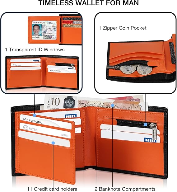 TEEHON Wallets for Men UK with RFID Blocking Slim Wallet with Coin Pocke, 11 Card Slots, 2 Note Pockets, ID Window & Gift Box - Black & Orange