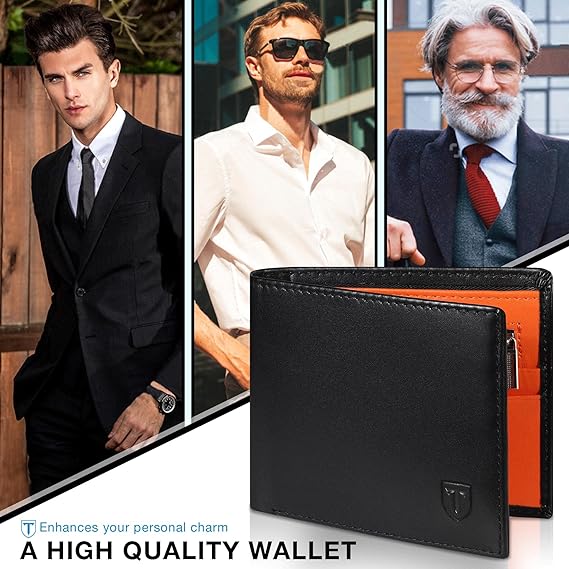 TEEHON Wallets for Men UK with RFID Blocking Slim Wallet with Coin Pocke, 11 Card Slots, 2 Note Pockets, ID Window & Gift Box - Black & Orange