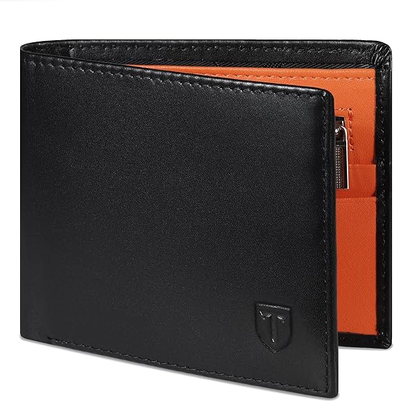 TEEHON Wallets for Men UK with RFID Blocking Slim Wallet with Coin Pocke, 11 Card Slots, 2 Note Pockets, ID Window & Gift Box - Black & Orange