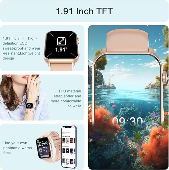 IOWODO Smart Watch for Women (Answer/Make Calls），1.91" HD Fitness Watch with Flashlight/Step Counter/110+ Sport Modes/Heart Rate/Sleep Monitor/SpO2/IP68 Waterproof/Tracker，Smartwatch for Android iOS
